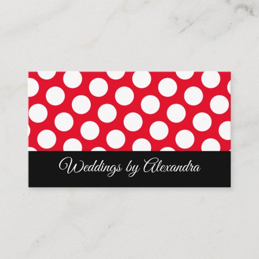 明るい赤と白水玉模様黒アクセント 名刺 (正面)