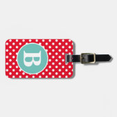 明るい赤と白水玉模様(ティール(緑がかった色)モノグラム) ラゲッジタグ (正面横)