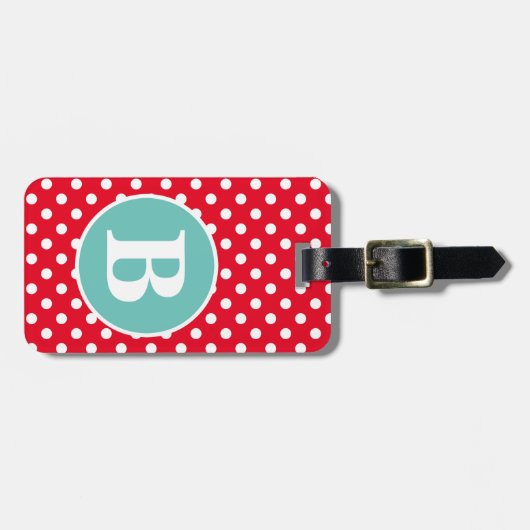 明るい赤と白水玉模様(ティール(緑がかった色)モノグラム) ラゲッジタグ (正面横)