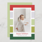 明るい赤と緑のストライプハッピーホリデー写真 シーズンカード (正面/裏面)