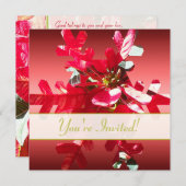 明るい赤と緑のポインセチアパーティー招待状 招待状 (正面/裏面)