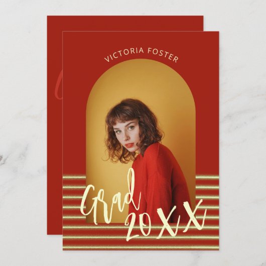 明るい赤と金ゴールド写真卒業パーティー 招待状 (正面/裏面)