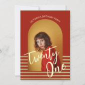 明るい赤と金ゴールド写真21st誕生日パーティー 招待状 (正面)