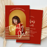 明るい赤と金ゴールド写真21st誕生日パーティー 招待状<br><div class="desc">明祝るい赤と金ゴールド写真21st誕生日パーティの招待状とスタイルで。フロントでは、あなたの写真をお気に入りの見せることができはっきりしたる、目を引くデザイン。背面には、パーティー詳細の宇宙が表示され、それらはすべてニーズに合わせて完全にカスタマイズ可能である。ミニマルでありながら印象的なデザインを誇り、思い出に残る21歳の誕生日お祝いに最適。</div>