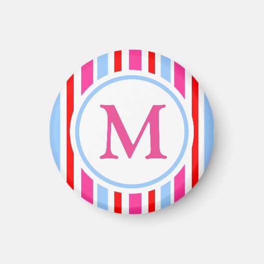 明るい赤と青のキャンディストライプモノグラム マグネット (正面)