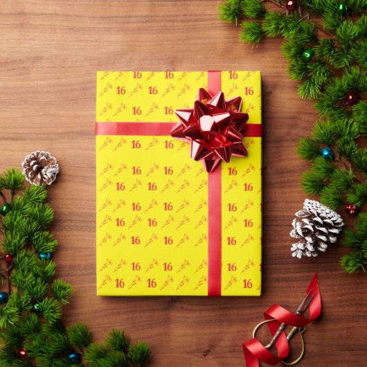 明るい赤と黄色の花柄  ラッピングペーパー (クリスマスギフト)