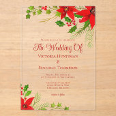 明るい赤のクリスマスポインセチア結婚フローラ アクリル招待状 (正面)