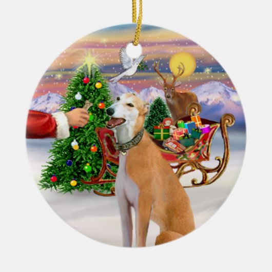 明るい赤のグレイハウンドを治療する セラミックオーナメント (正面)