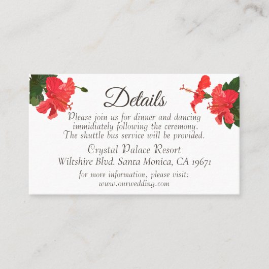 明るい赤のハイビスカス結婚の詳細エンクロージャカード プレイスカード (正面)