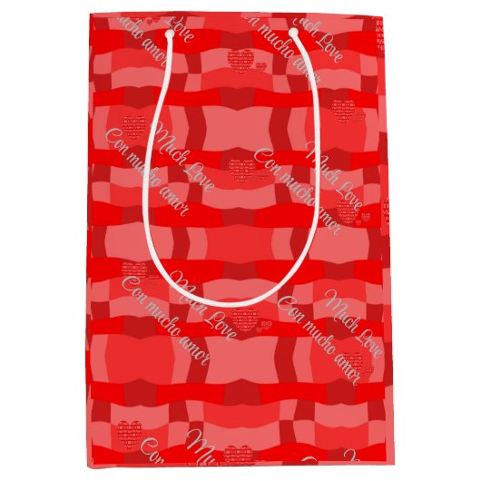 明るい赤のバイリンガルスペインの英語「ムチョアモール」 ミディアムペーパーバッグ (正面)