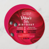 明るい赤のボーリングボールラウンドバースデーパーティー 招待状 (正面/裏面)