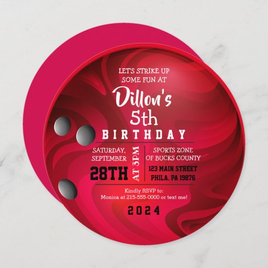 明るい赤のボーリングボールラウンドバースデーパーティー 招待状 (正面/裏面)