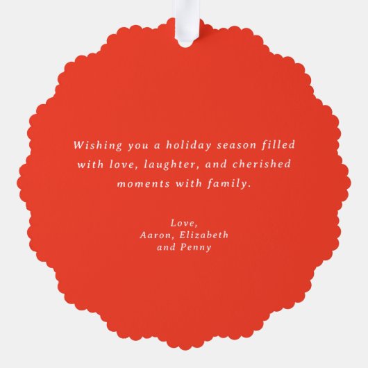 明るい赤のポインセチアと緑のクリスマスフォト オーナメントカード (裏面)