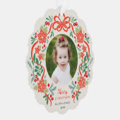 明るい赤のポインセチアと緑のクリスマスフォト オーナメントカード (右)