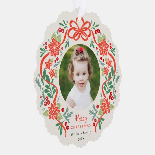 明るい赤のポインセチアと緑のクリスマスフォト オーナメントカード (右)