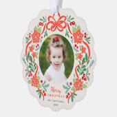 明るい赤のポインセチアと緑のクリスマスフォト オーナメントカード (左)