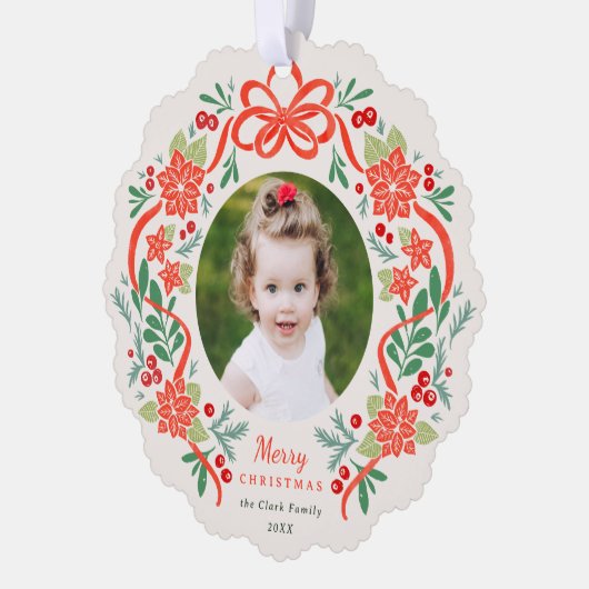 明るい赤のポインセチアと緑のクリスマスフォト オーナメントカード (左)