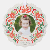明るい赤のポインセチアと緑のクリスマスフォト オーナメントカード (正面)