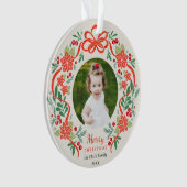 明るい赤のポインセチアと緑のクリスマスフォト オーナメント (正面)