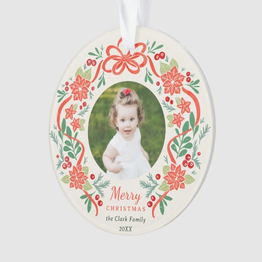 明るい赤のポインセチアと緑のクリスマスフォト オーナメント (正面)