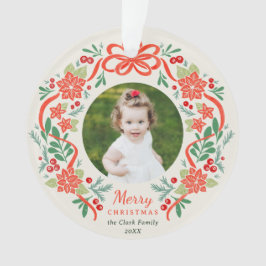 明るい赤のポインセチアと緑のクリスマスフォト オーナメント