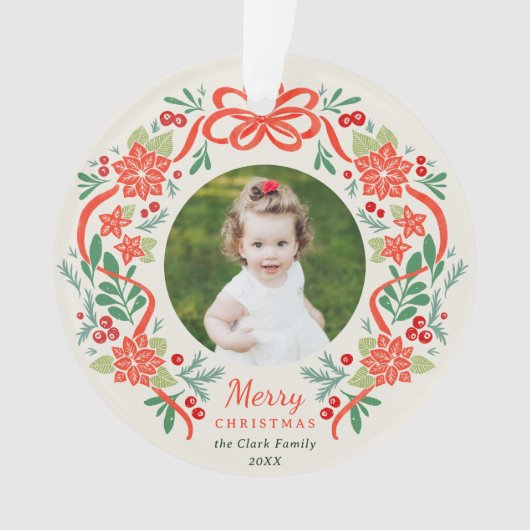 明るい赤のポインセチアと緑のクリスマスフォト オーナメント (正面)