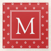 明るい赤のモノグラムに白い星 ガラスコースター (正面)