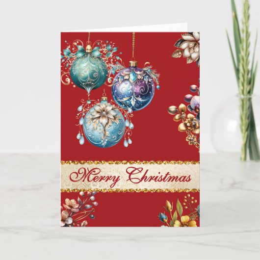 明るい赤のヴィンテージオーナメントクリスマス シーズンカード (正面)