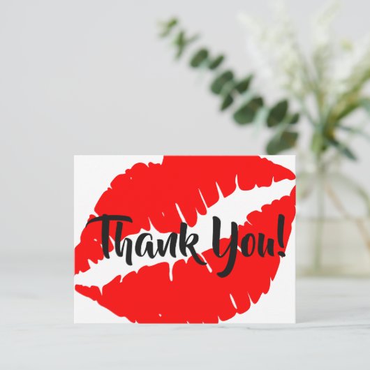 明るい赤の口紅の大きなキスありがとう ポストカード (スタンド正面)