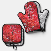 明るい赤の日本のもみじ木 鍋つかみ&鍋敷きセット (正面/裏面)