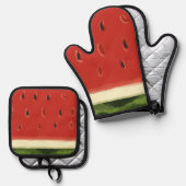 明るい赤の水の色のスイカ 鍋つかみ&鍋敷きセット (正面/裏面)