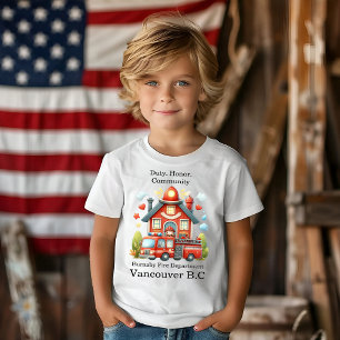 明るい赤の消防署とトラック Tシャツ