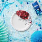 明るい赤の白い銀の金属フローラ ペーパープレート (パーティー)