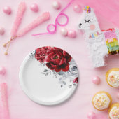 明るい赤の白い銀の金属フローラ ペーパープレート (パーティー)