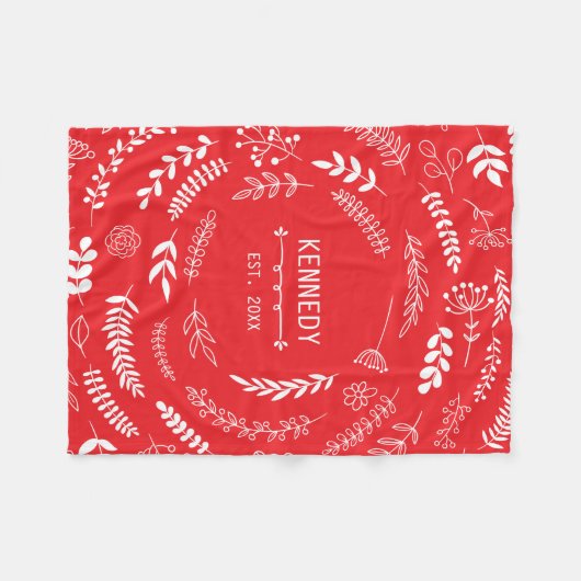 明るい赤の白離れフローラモノグラムパターン フリースブランケット (正面(横))