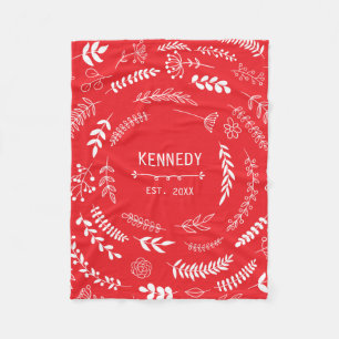 明るい赤の白離れフローラモノグラムパターン フリースブランケット