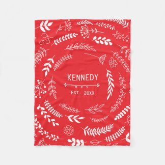 明るい赤の白離れフローラモノグラムパターン フリースブランケット