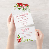明るい赤の緑のクリスマスポインセチア結婚ズ オールインワン招待状 (貼ってはがせる)