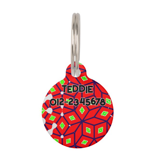 明るい赤の緑の抽象芸術 ペット　ネームタグ (正面)