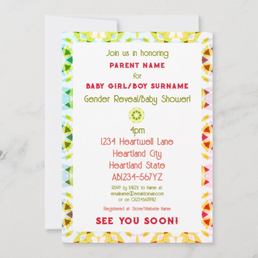 明るい赤の緑の星のジェンダーが赤ちゃんのシャワーを明らかにする 招待状 (裏面)