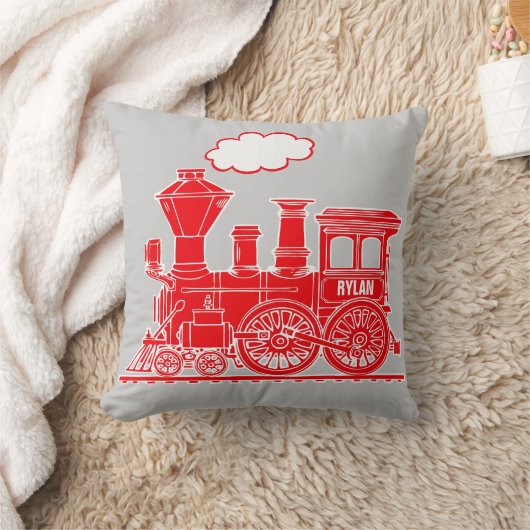 明るい赤の蒸気列車ロコグレー装飾用クッション クッション (ブランケット)