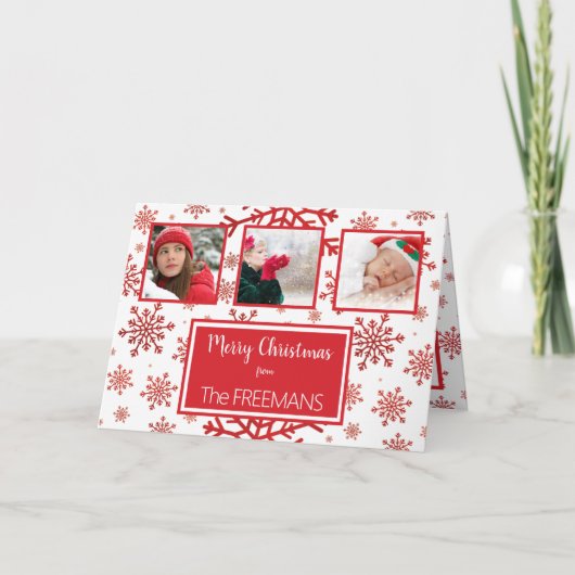 明るい赤の雪片3フォトコラージュ個人用設定 シーズンカード (正面)