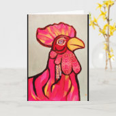 明るい赤の鶏のグリーティングカード カード (黄色い花)