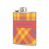 明るい赤の黄色と青の格子状のスキットル フラスク (左)