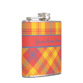 明るい赤の黄色と青の格子状のスキットル フラスク (右)