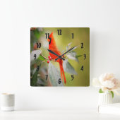 明るい赤の(鳥)ショウジョウコウカンチョウ スクエア壁時計 (ホーム)
