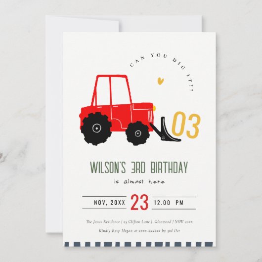 明るい赤イエローディガーキッズフォト誕生日 招待状 (正面)