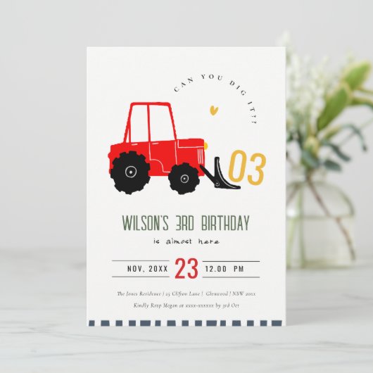 明るい赤イエローディガーキッズフォト誕生日 招待状 (スタンド正面)