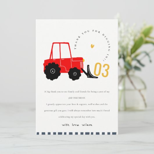 明るい赤イエローディガーキッズ任意の年齢誕生日 サンキューカード (スタンド正面)