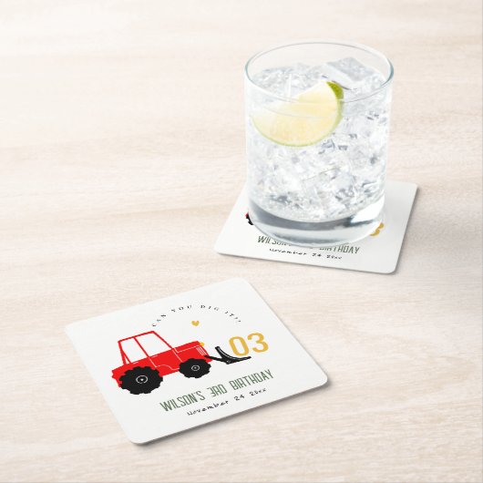 明るい赤イエローディガーキッズ任意の年齢誕生日 スクエアペーパーコースター (インサイチュ)